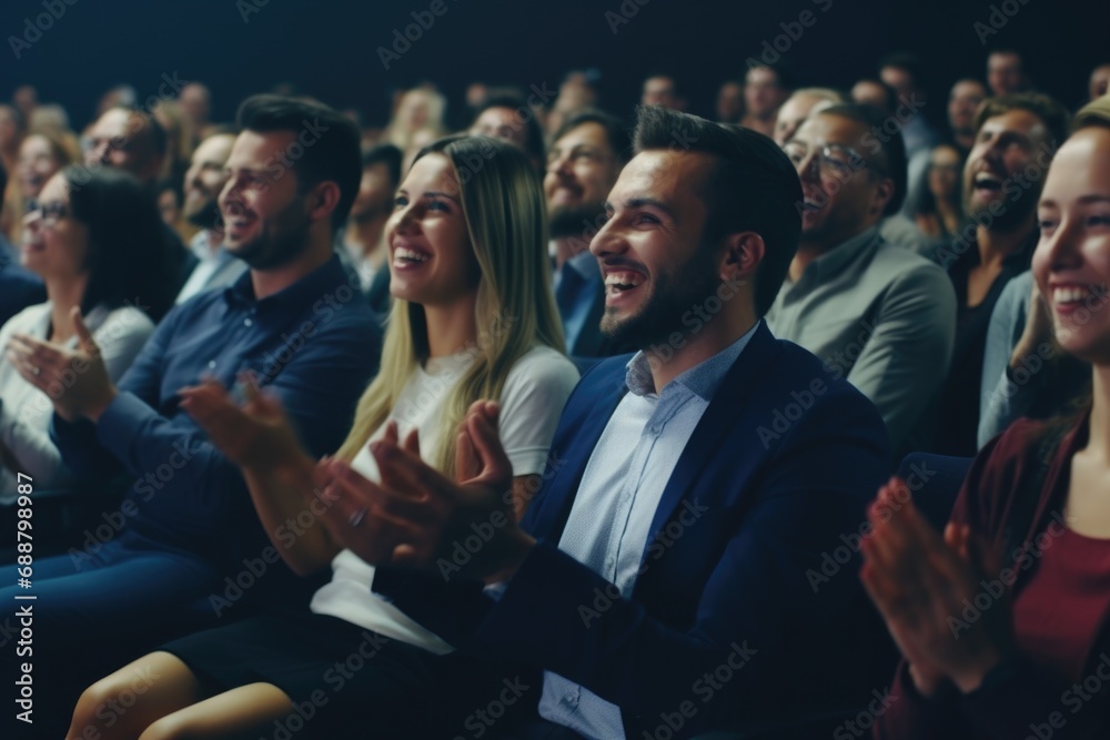 A group of people sitting in front of a large crowd. This image can be used to depict a variety of scenarios involving public speaking, presentations, conferences, or events - obrazy, fototapety, plakaty 