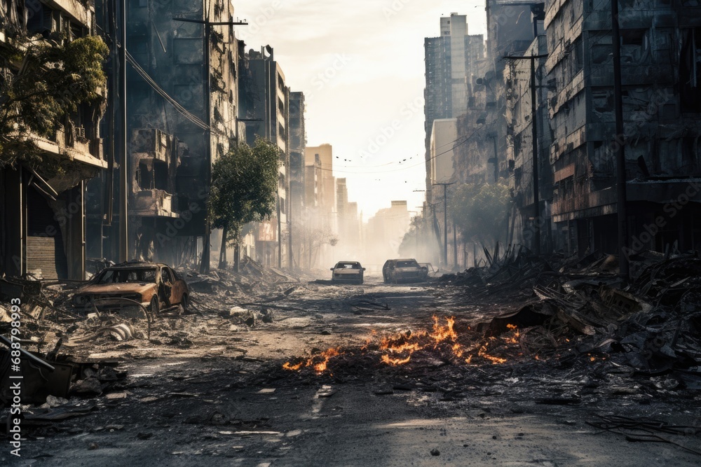 A city street filled with lots of rubble and debris. This image can be used to depict destruction, urban decay, or post-disaster scenarios
