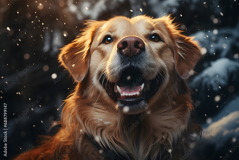 a dog during a snowfall. close-up portrait. a pet on a walk.