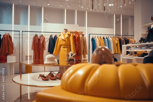 A clothing store with clothes hanging on racks and a yellow chair. Perfect for fashion and retail concepts
