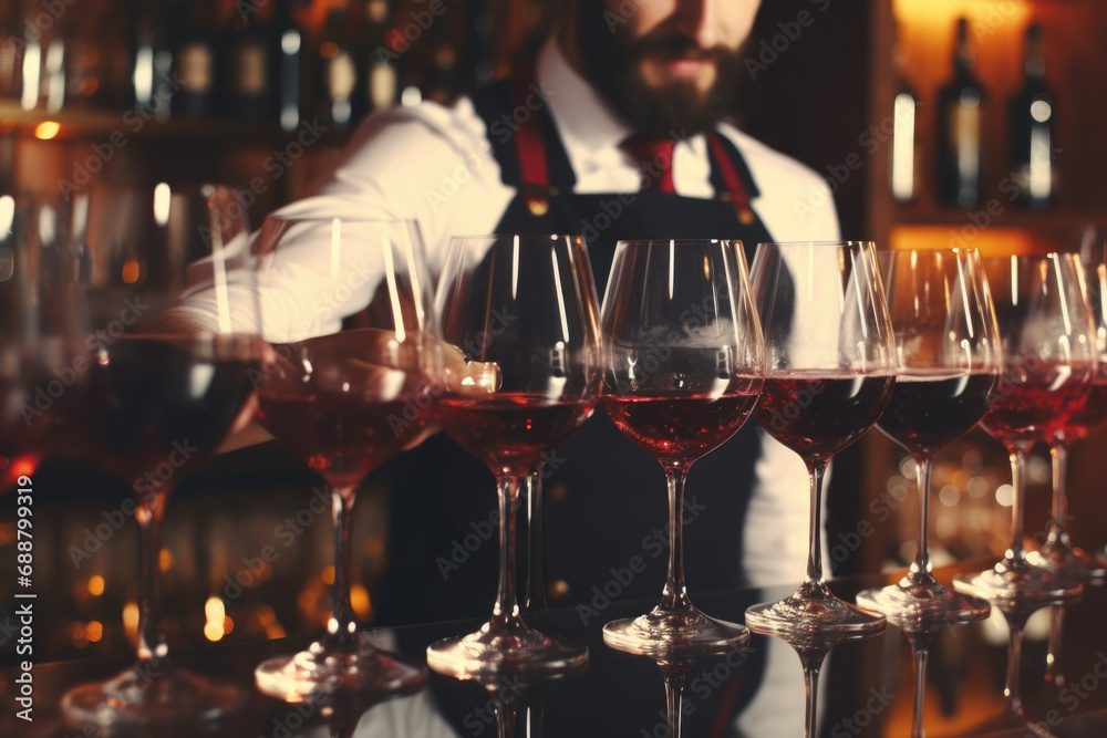 A man standing in front of a group of wine glasses. Suitable for wine tasting events or wine-related articles - obrazy, fototapety, plakaty 