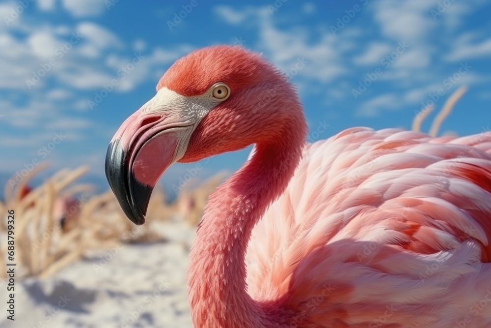 Fototapeta premium A pink flamingo standing on a sandy beach. Perfect for tropical themes and beach-related designs