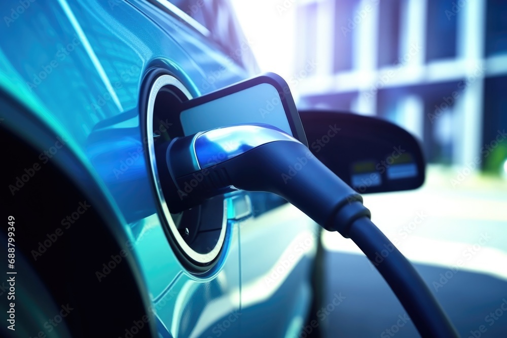 An electric car is charging at a charging station. This image can be used to showcase the concept of electric vehicles and sustainable transportation An electric car is charging at a charging station. This image can be used to showcase the concept of electric vehicles and sustainable transportation