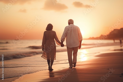 A man and a woman walking on a beach at sunset. Ideal for travel and romance themes