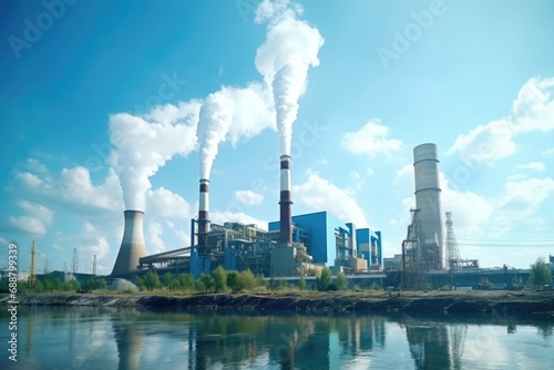 A factory with smoke billowing out of its stacks. Can be used to depict industrial pollution or manufacturing processes