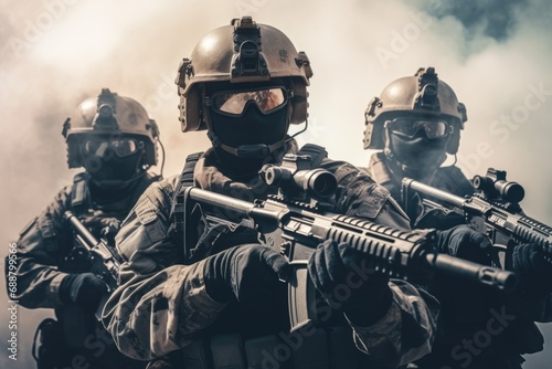 A group of soldiers wearing gas masks for protection against toxic substances. Suitable for military, warfare, or hazardous environment concepts photo