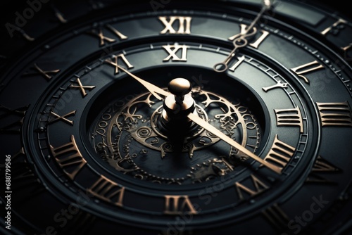 A close-up view of a clock with Roman numerals. This image can be used to depict time management, punctuality, or the passing of time