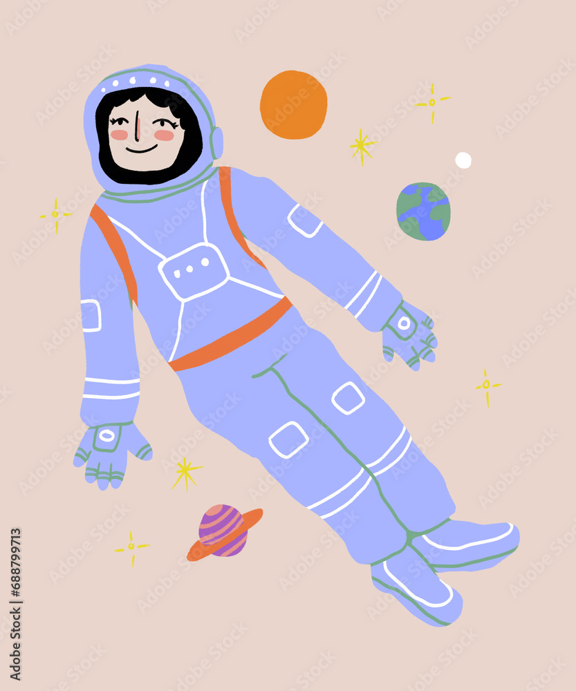Happy cartoon female cosmonaut in space Happy cartoon female cosmonaut in space