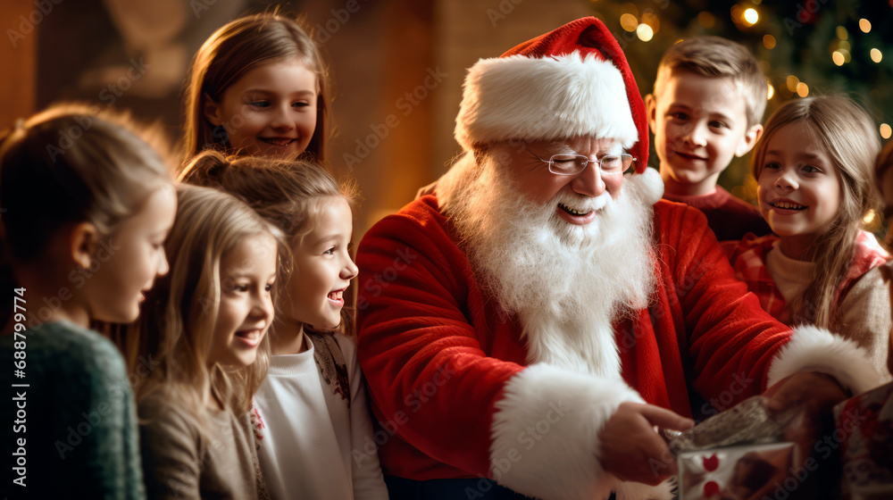 Santa with happy kids on Christmas Eve