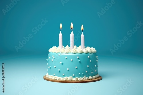 A vibrant blue birthday cake with three white candles. Perfect for celebrating birthdays or special occasions