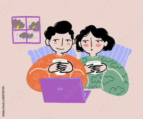 Cartoon couple watching movie in bed