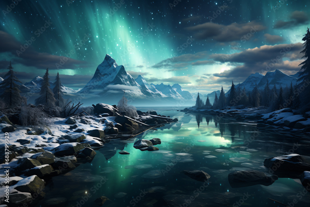 green northern lights. polar landscape with beautiful multicolored sky and mountains. without people.
