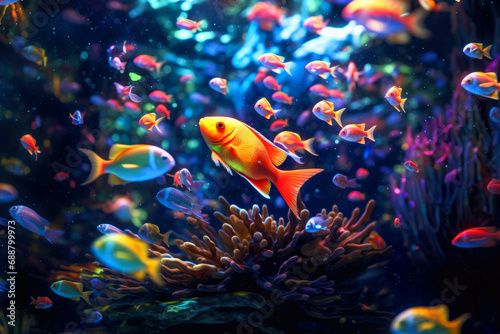 Colorful tropical fish in the sea. Underwater world. Diving with a snorkel