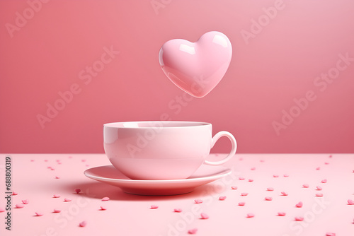 Cup on a pink background with a flying heart.