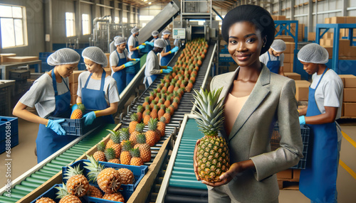 African Businesswoman owner of a Pineapple processing plant with Workers Engaged in Food Production photo
