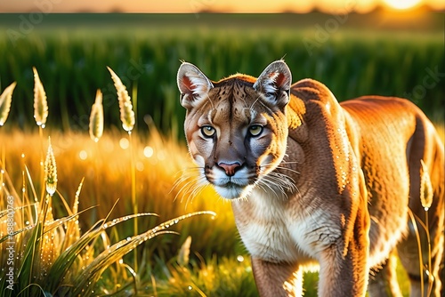 A powerful image capturing a puma in the midst of lush vegetation, showcasing its wild beauty. photo