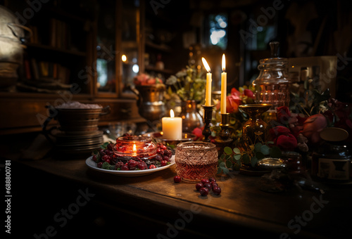 burning candles on a wooden table. magical scandinavian atmosphere with candles on a dark table. hygge background with candles and flowers.