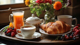 French cuisine, breakfast, delicious croissant with a cup of coffee, ai generated