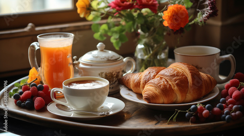 French cuisine, breakfast, delicious croissant with a cup of coffee, ai generated