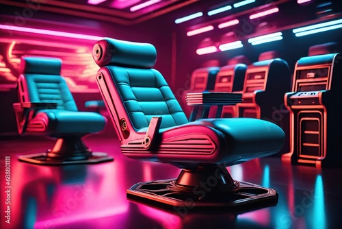 Cinematic scene featuring high-tech chairs. Detail should reign supreme in this stunning portrayal, ensuring every aspect stands out in high-quality.