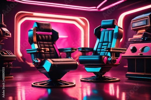 Cinematic scene featuring high-tech chairs. Detail should reign supreme in this stunning portrayal, ensuring every aspect stands out in high-quality.