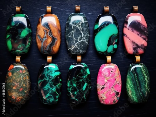 Different Pendants of Pink, Blue and Green Color on Black Stone Background, Bijouterie photo