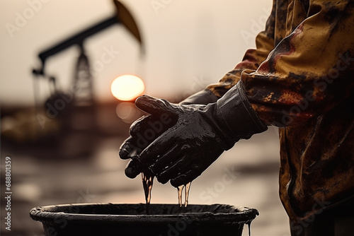 Oil and Gas Wells. Accident Oil Well Work. Methane Emissions from crude wells. Pumpjack on oilfield. Extraction of petroleum, reduce oil production. Bucket in Hand of Worker of spilled oil on oilfield photo