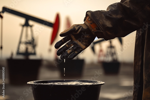 Oil and Gas Wells. Accident Oil Well Work. Methane Emissions from crude wells. Pumpjack on oilfield. Extraction of petroleum, reduce oil production. Bucket in Hand of Worker of spilled oil on oilfield