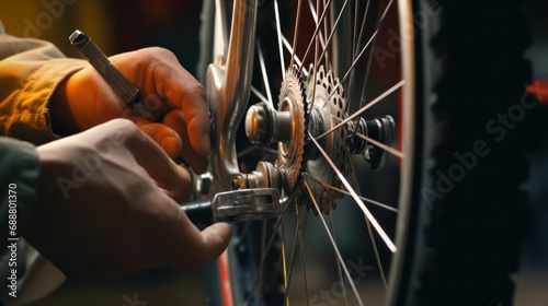 Close-up of a mechanic's hands fixing a bicycle's rear wheel hub with a wrench photo