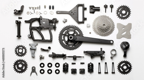 Assorted bicycle parts neatly organized on a white background for maintenance photo