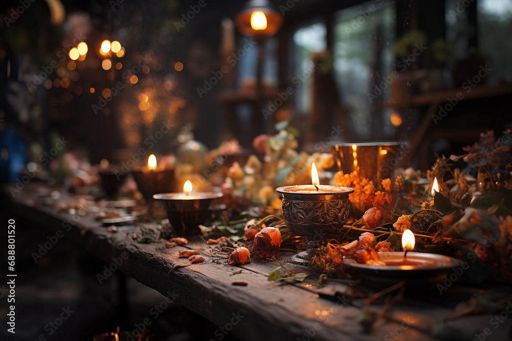burning candles on a wooden table. magical scandinavian atmosphere with candles on a dark table. hygge background with candles and flowers.