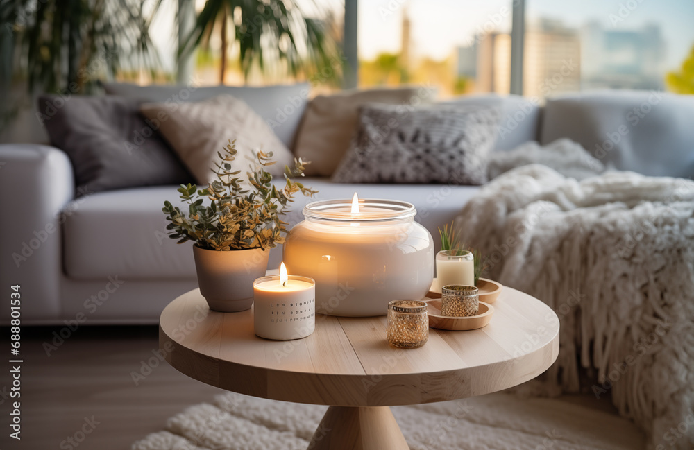 burning candles on the table in Scandinavian style. hygge atmosphere with cozy composition.