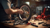 Mechanic at work on a bicycle wheel with various tools on the workbench