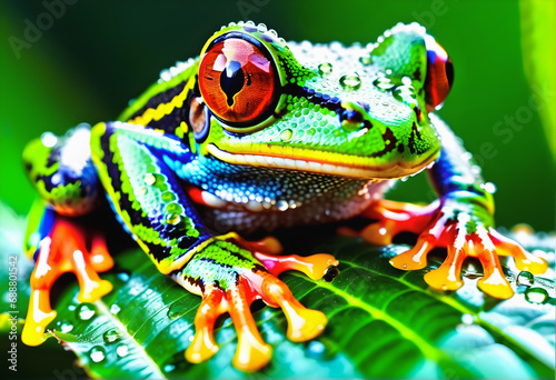 An enchanting image featuring a red-eyed tree frog perched on a dew-kissed emerald leaf