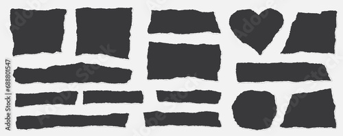 Set of torn black notebook paper pieces, sheets stuck on light grey background for text or ad.