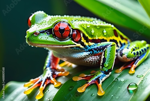 An enchanting image featuring a red-eyed tree frog perched on a dew-kissed emerald leaf