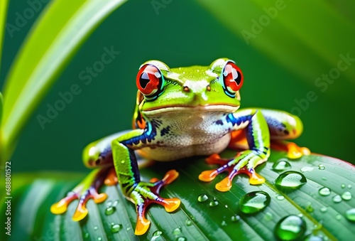 An enchanting image featuring a red-eyed tree frog perched on a dew-kissed emerald leaf
