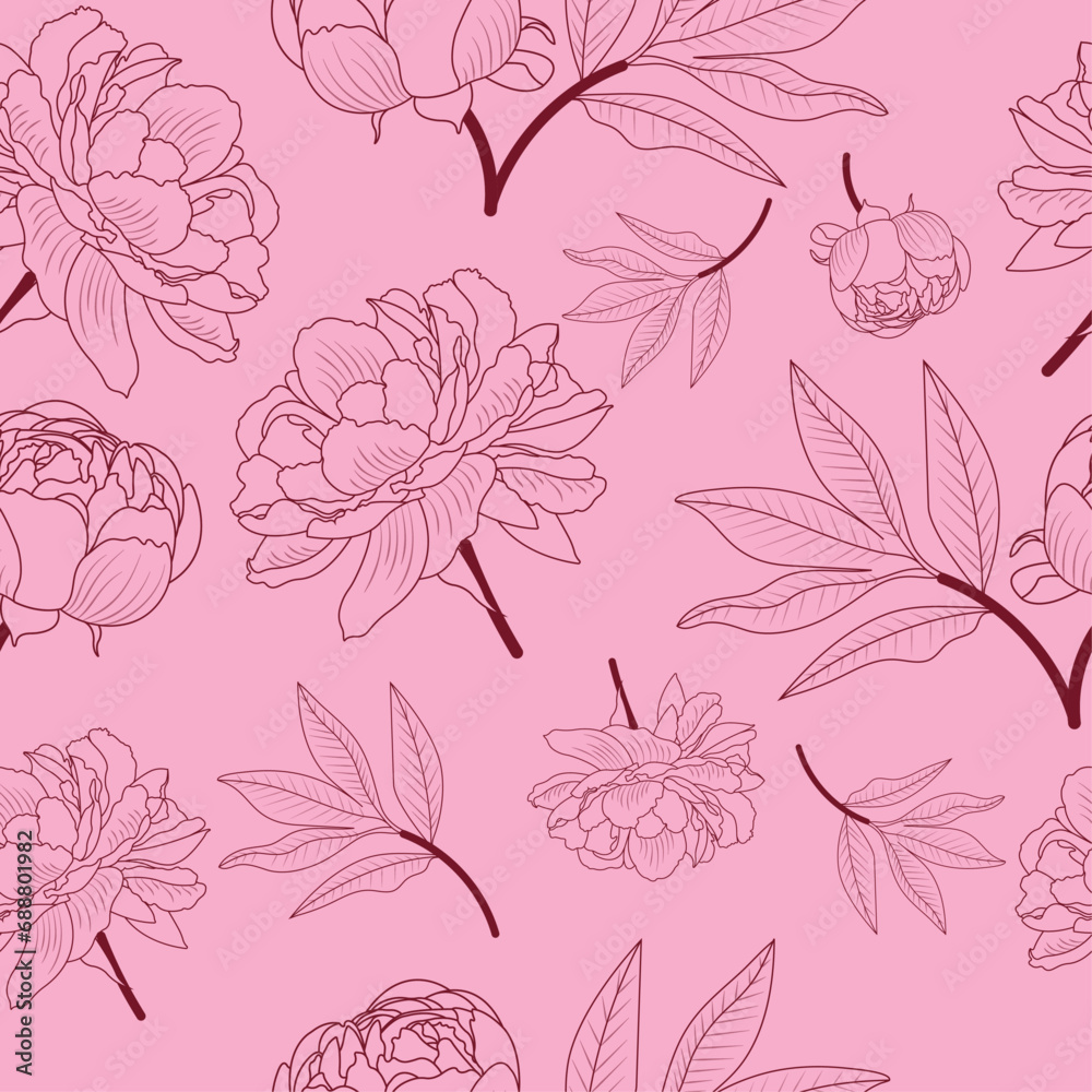 Fototapeta premium seamless floral pattern - elegant pink and red peony outline realistic