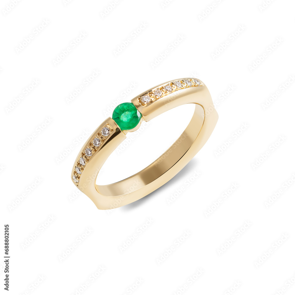 Green emerald ring with diamonds on a white background. Green emerald ring with diamonds on a white background.