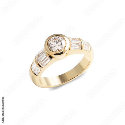 Yellow gold ring with diamonds isolated on white background.