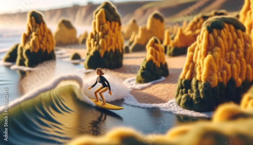 Generative AI image of a surfer riding waves in a surreal landscape. Felt art photo