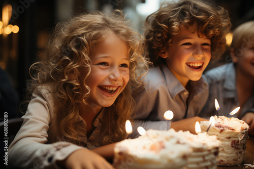 Blonde children laughing in front of a birthday cake. Generative AI photo