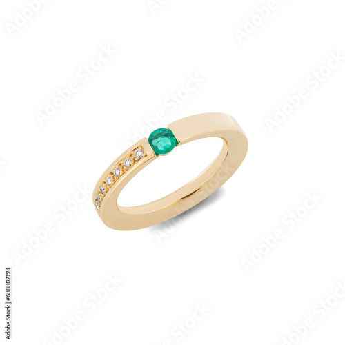 Green emerald ring with diamonds on a white background.