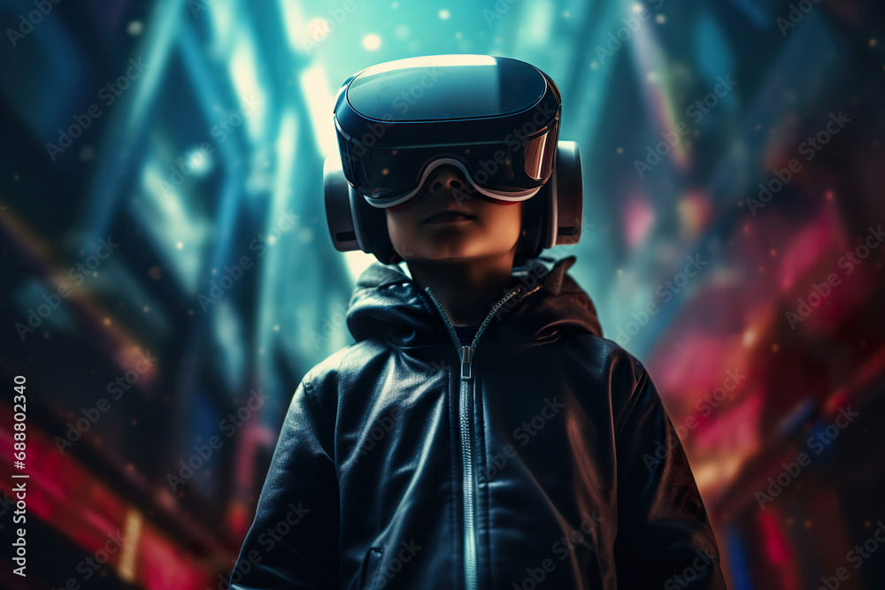 Child experiences the future of technology through a VR headset. Generative AI Child experiences the future of technology through a VR headset. Generative AI