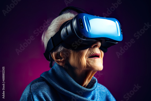 Senior woman is engrossed in a virtual reality adventure, exploring new frontiers of technology. Generative AI photo