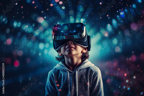A young child is immersed in a virtual cosmos with VR technology. Generative AI photo