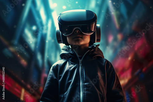 Child experiences the future of technology through a VR headset. Generative AI photo