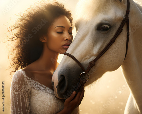 Black woman shows affection to a white horse. Generative AI photo