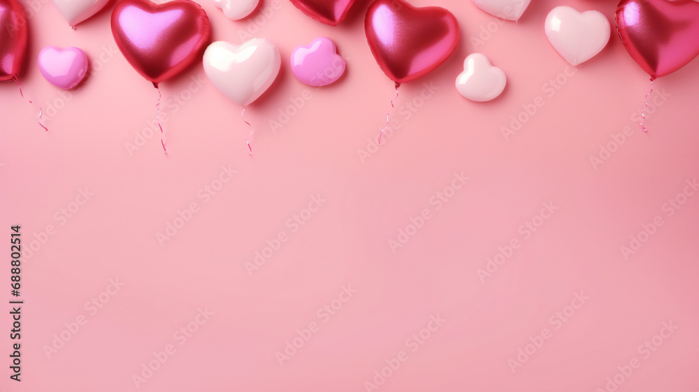 A group of shine heart shaped balloons on a pink background, symbolize love