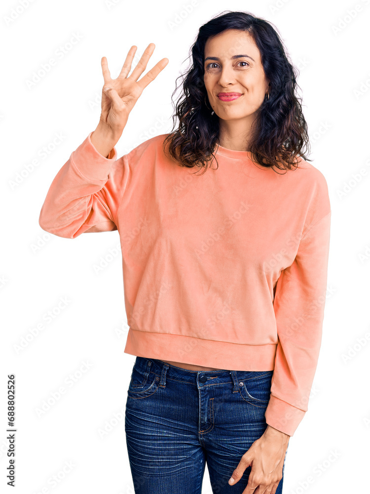 Young beautiful hispanic woman wearing casual clothes showing and pointing up with fingers number four while smiling confident and happy. Young beautiful hispanic woman wearing casual clothes showing and pointing up with fingers number four while smiling confident and happy.